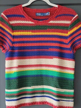 Polo Ralph Lauren Short Sleeve Crochet Knit Sweater Vibrant  Multi-colored  NWOT